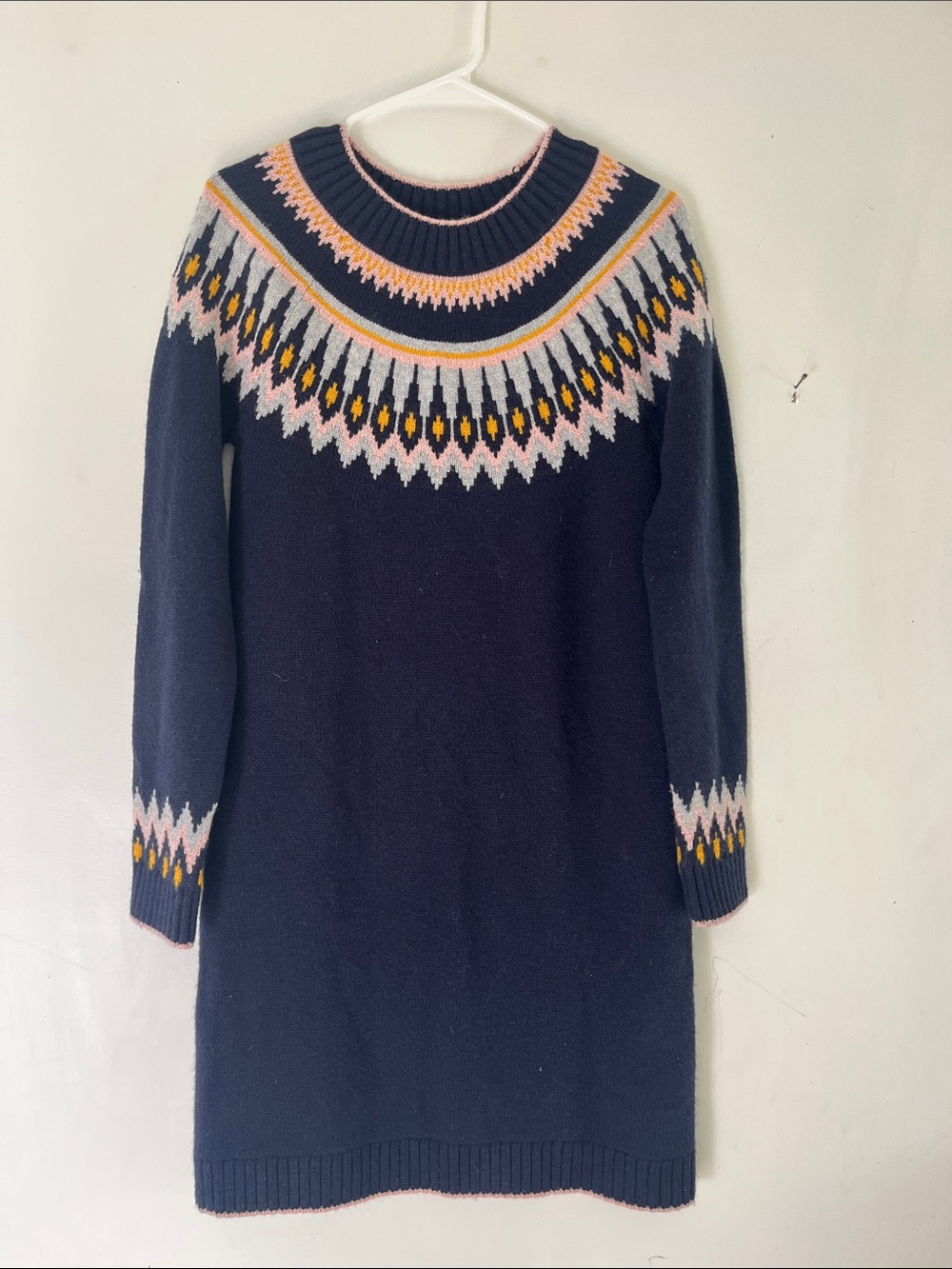 Boden Navy Fair Isle Sweater Dress with Pink & Yellow Accents